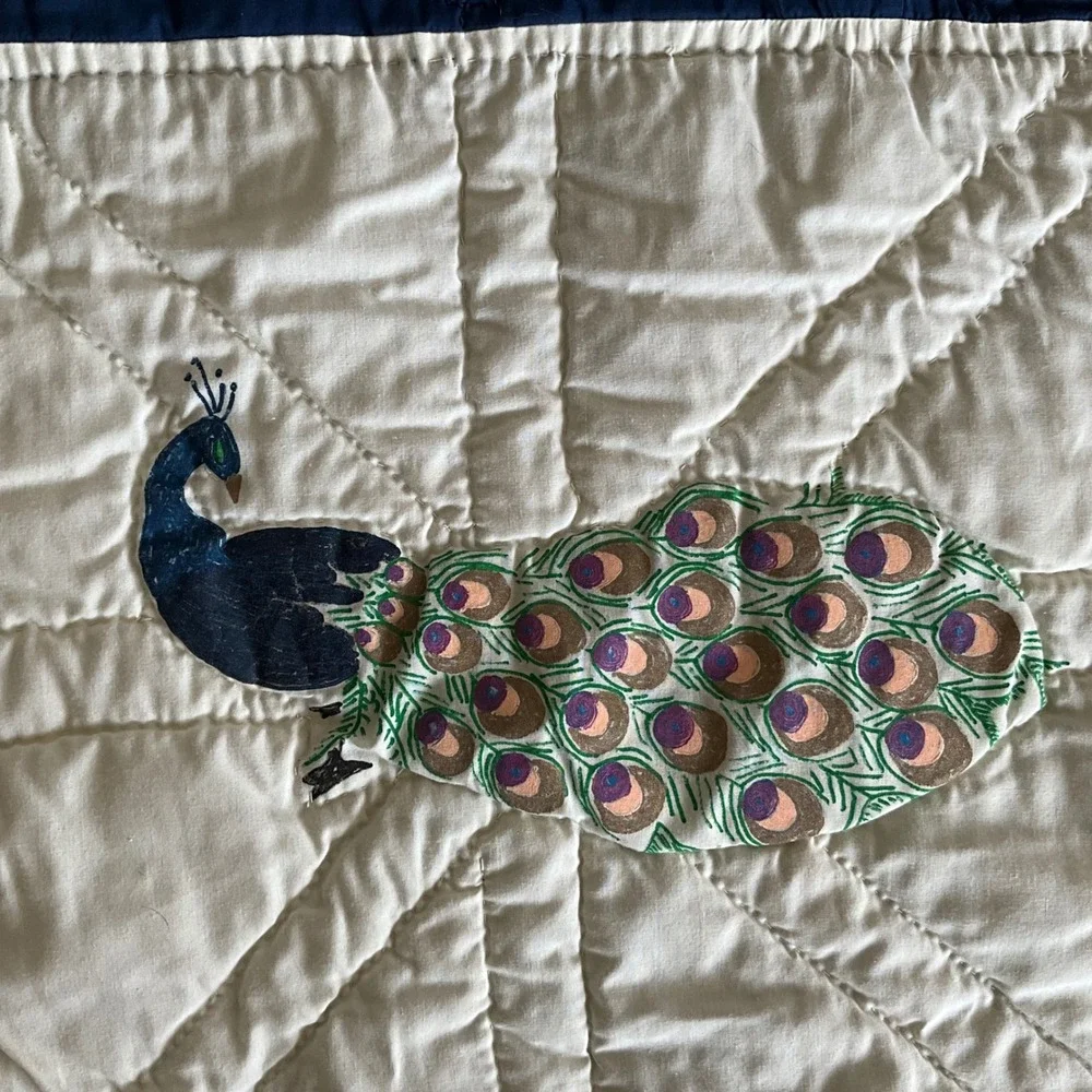 Vintage Style Peacock Applique Hand Quilted Navy Blue White Cotton Quilt Blanket